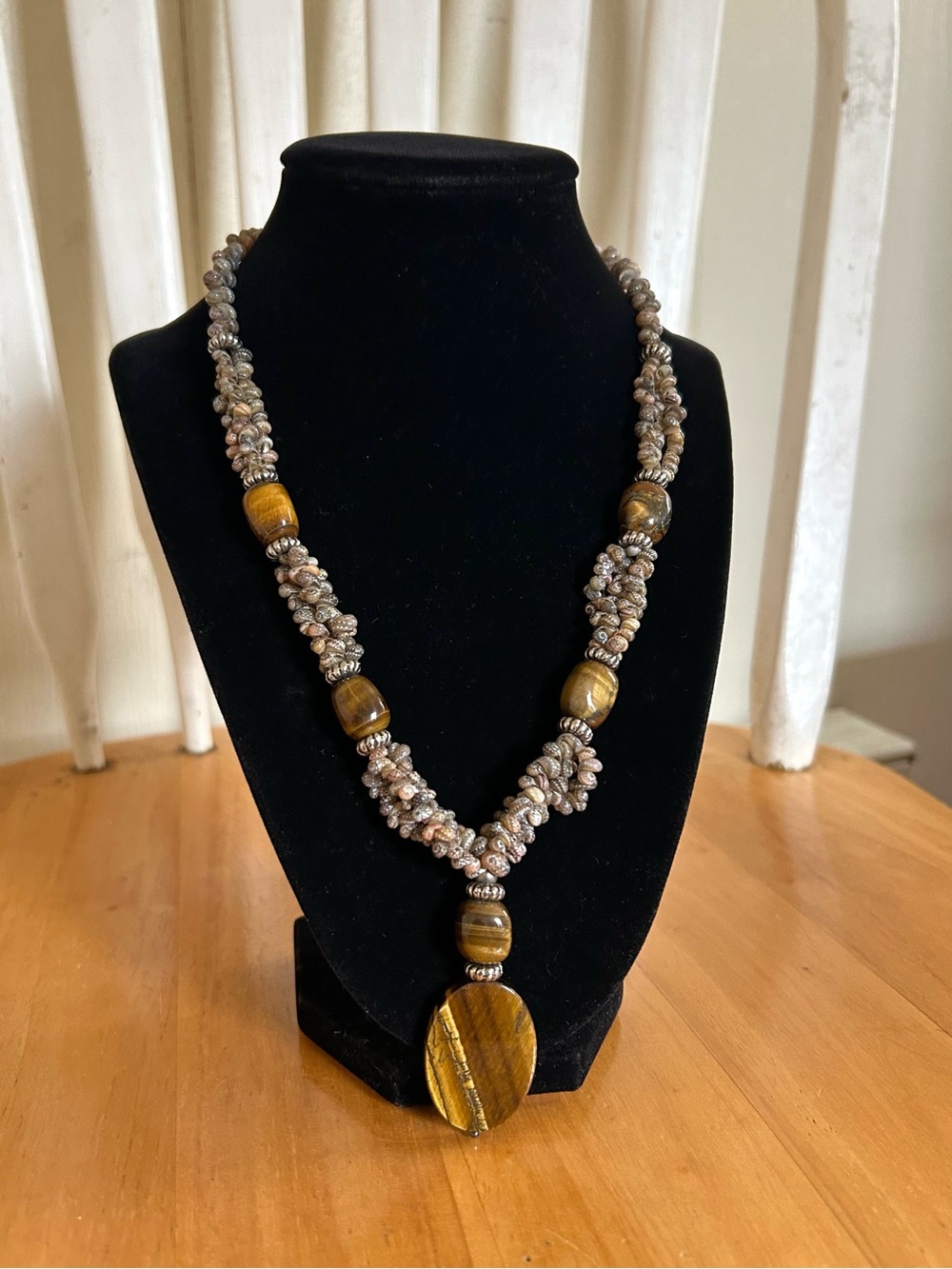 Tiger Eye Stone Shell Bead Necklace Y2K Layered Chunky Statement